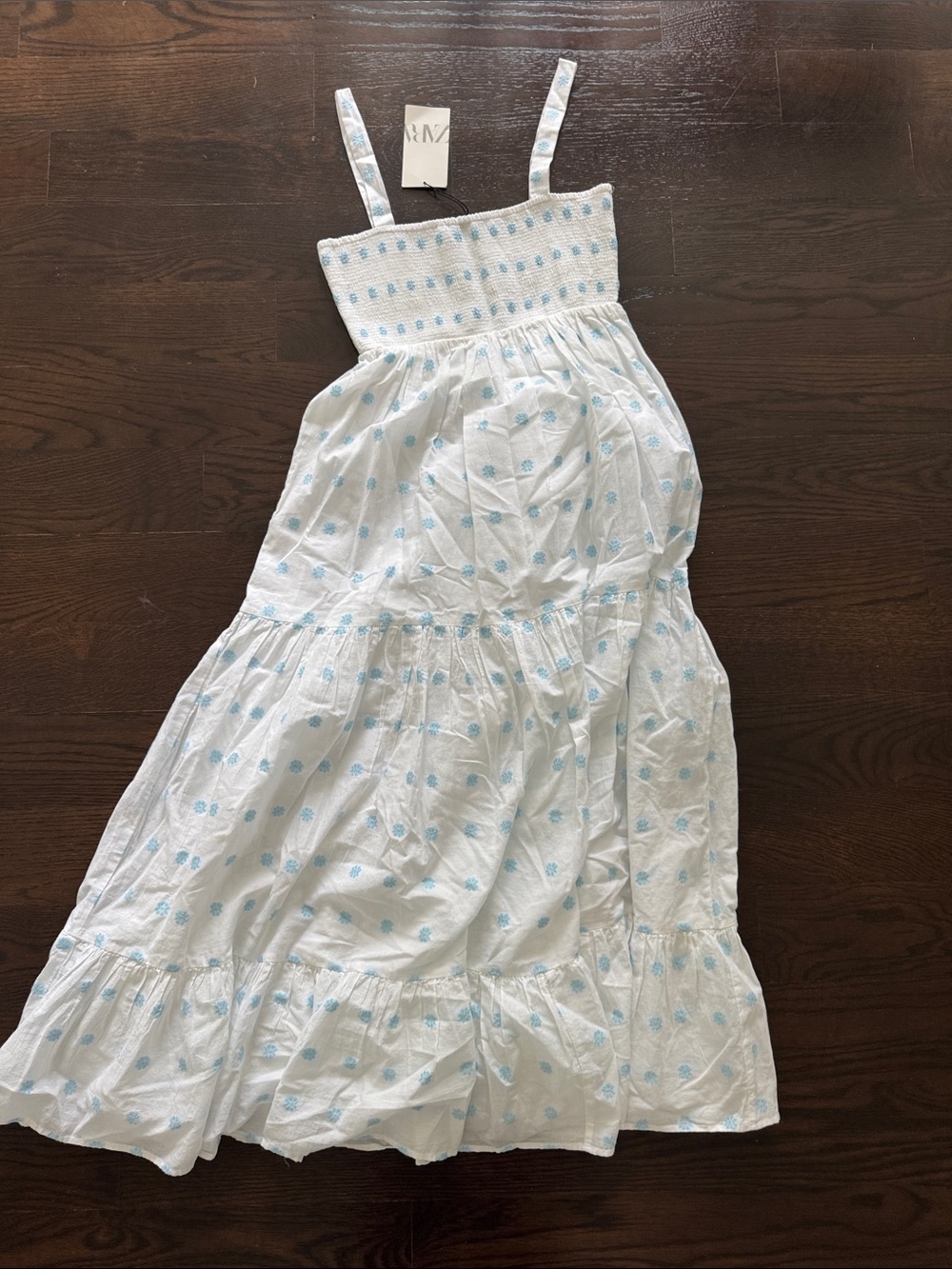Zara White Maxi Sundress with Light Blue Floral Print